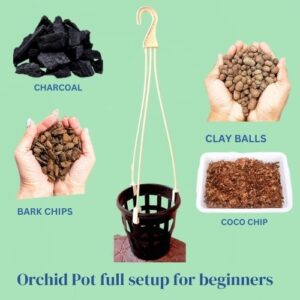KRISHI MITRA Orchid Pots Full Setup for Beginners I Orchid Growing Kit >> Orchid/Hydroponics Pots 5 Pic (Black) + Orchid Pots Hanger 5 Pic + Charcoal + Bark Chips + Clay Ball + Coco Chip