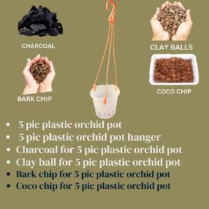 KRISHI MITRA Orchid Pots Full Setup for Beginners I Orchid Growing Kit >> Orchid/Hydroponics Pots 5 Pic (Transparent Pot) + Orchid Pots Hanger 5 Pic + Charcoal + Bark Chips + Clay Ball + Coco Chip + Moss Full Setup for Beginners (Special Pack )